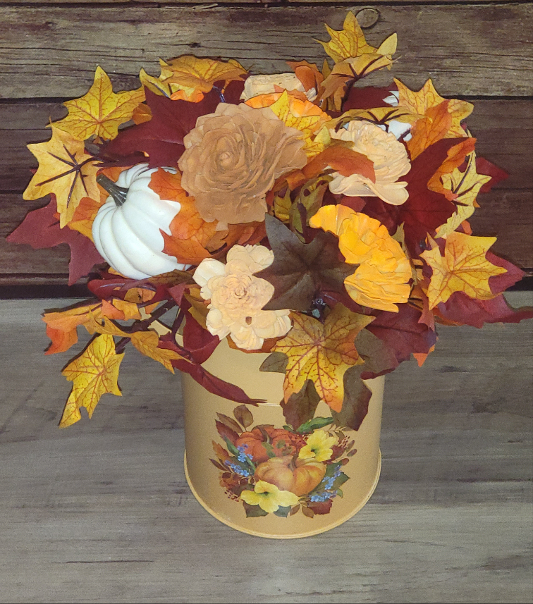 Rustic Fall Wood Flower Arrangement in Pumpkin Tin