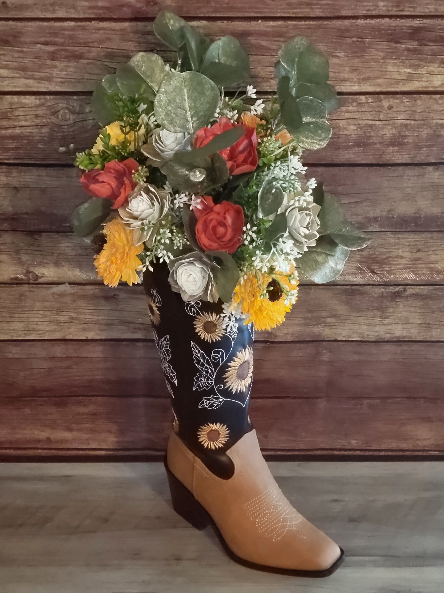 Rustic Cowgirl Boot Floral Arrangement – Sunflower & Wood Flower Centerpiece
