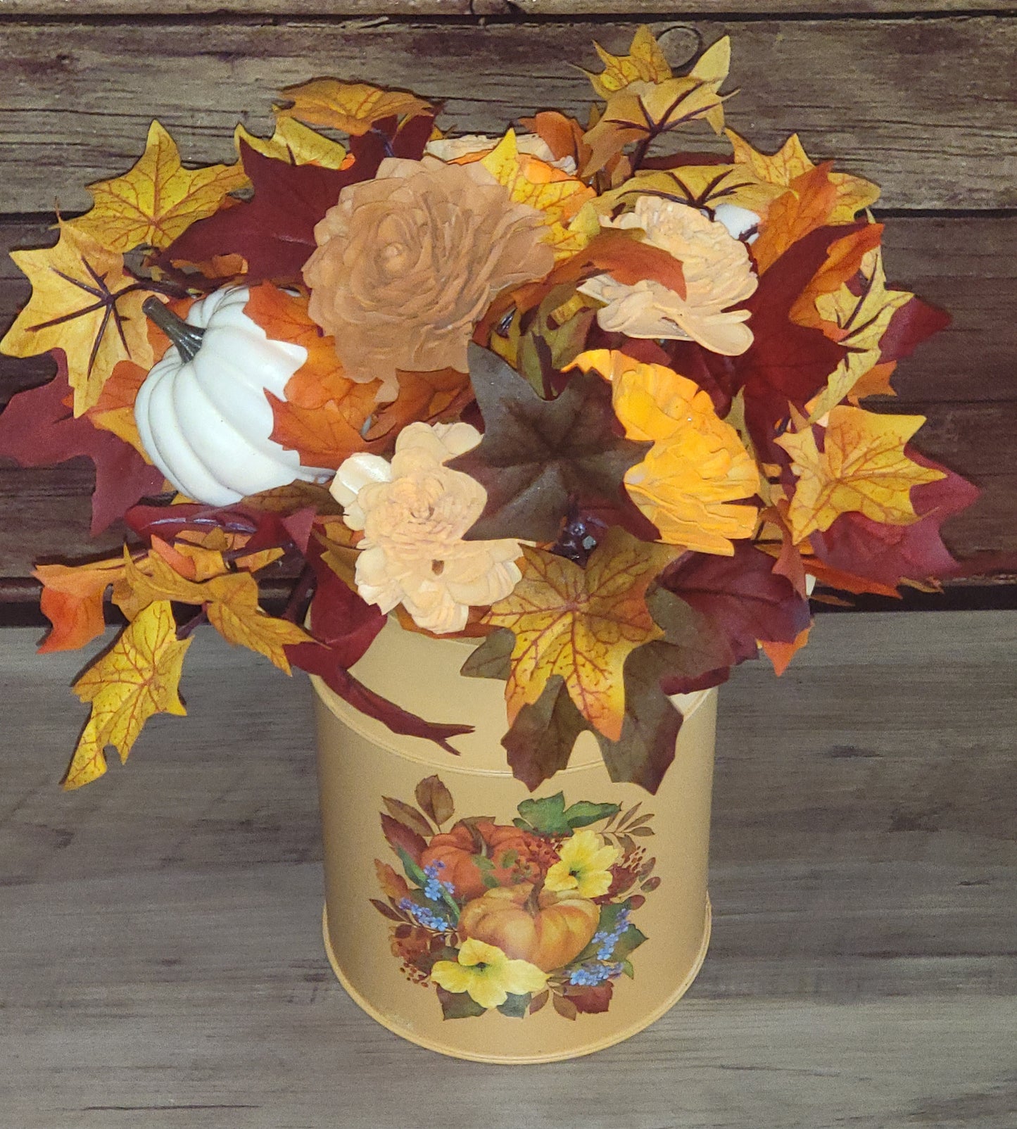 Rustic Fall Wood Flower Arrangement in Pumpkin Tin
