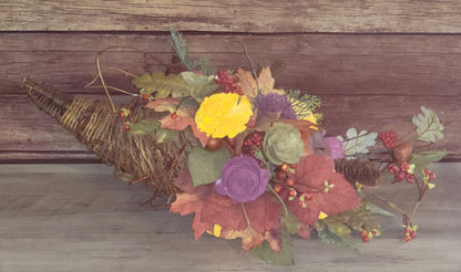 Rustic Harvest Cornucopia with Wood Flowers