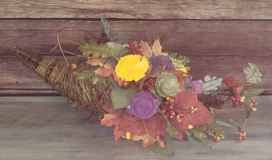 Rustic Harvest Cornucopia with Wood Flowers