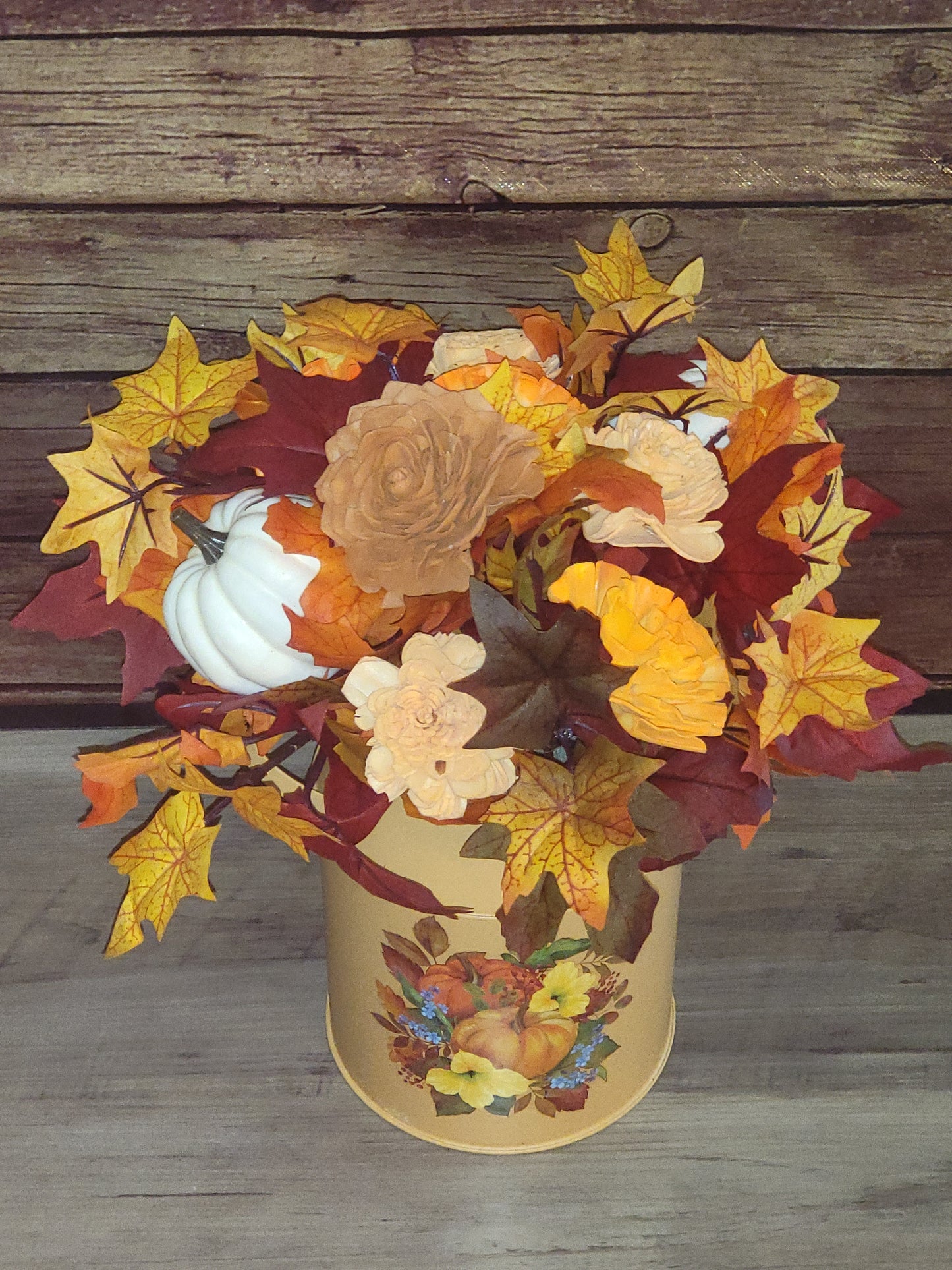 Rustic Fall Wood Flower Arrangement in Pumpkin Tin