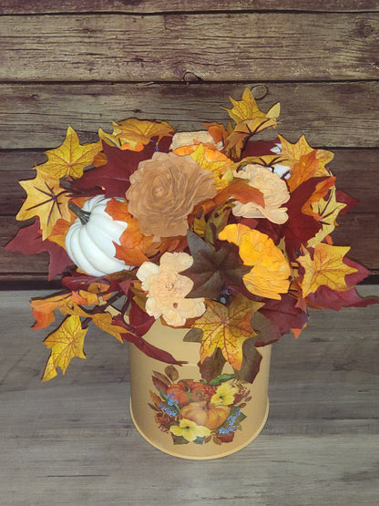 Rustic Fall Wood Flower Arrangement in Pumpkin Tin