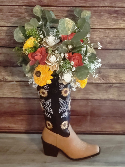 Rustic Cowgirl Boot Floral Arrangement – Sunflower & Wood Flower Centerpiece