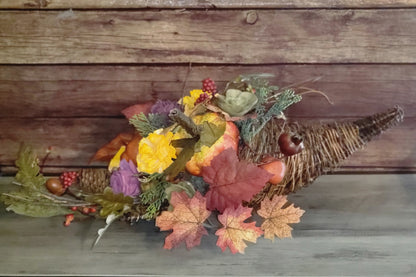 Rustic Harvest Cornucopia with Wood Flowers