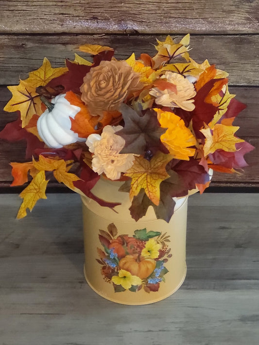 Rustic Fall Wood Flower Arrangement in Pumpkin Tin